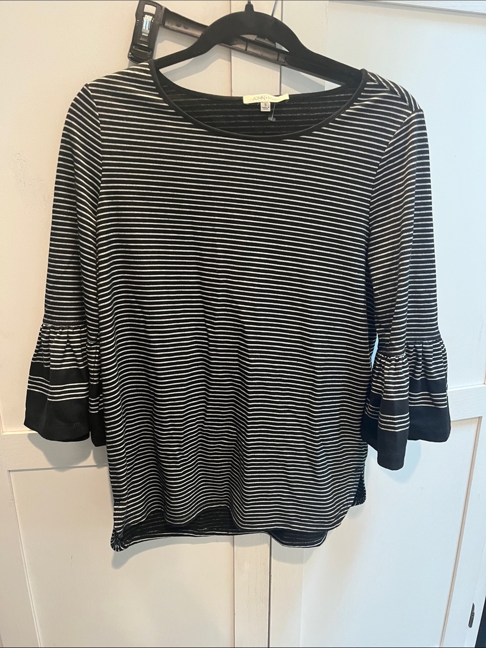 John Mark Black & White Striped Bell Sleeve Long Sleeve Top